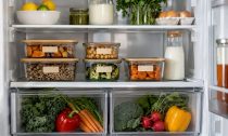Nevera abierta con recipientes transparentes, preparaciones separadas y verduras en los cajones.