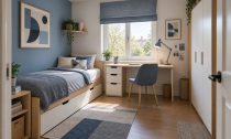 Dormitorio juvenil con cama de cajones, escritorio junto a la ventana y armario coordinado